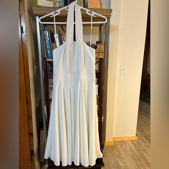 Halston Heritage white a-line halter dress, beaded dress, size 10, vintage feel - Picture 2 of 16